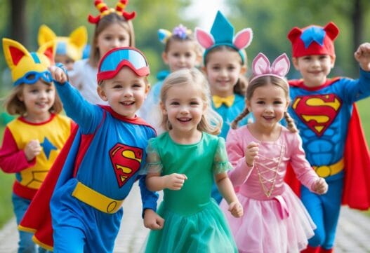 Farverigt billede af børn i forskellige kostumer til fest, uden tekst, til hjemmeside om udklædning.